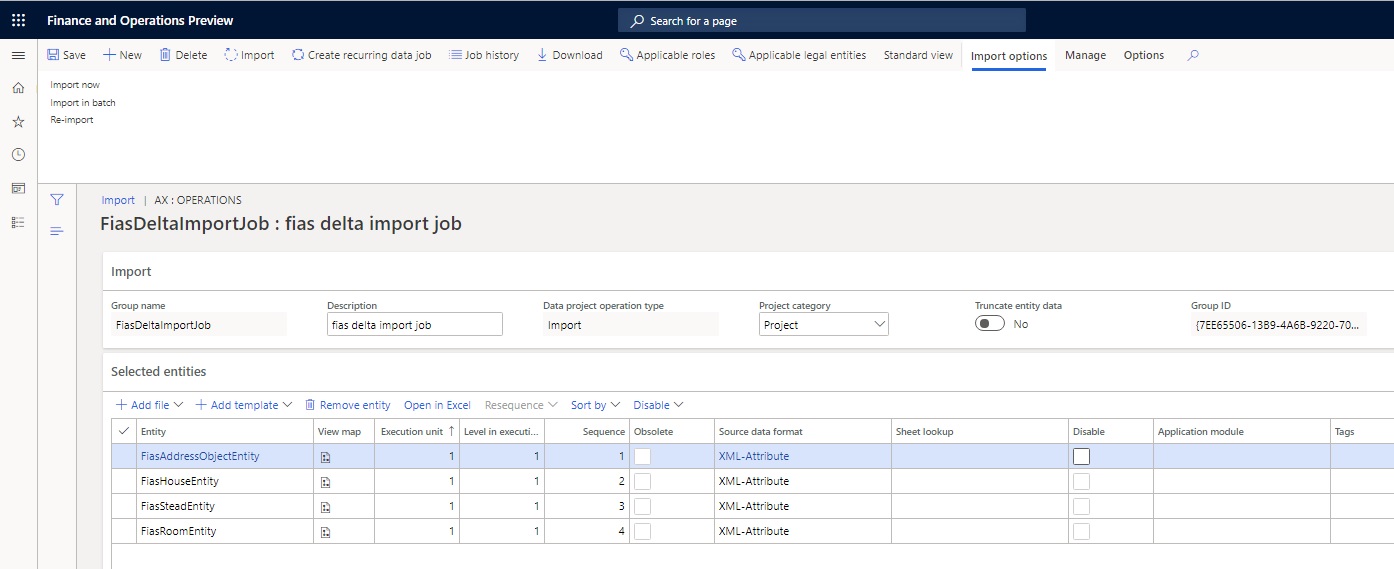 Screenshot of the Import page with fias delta import job details.